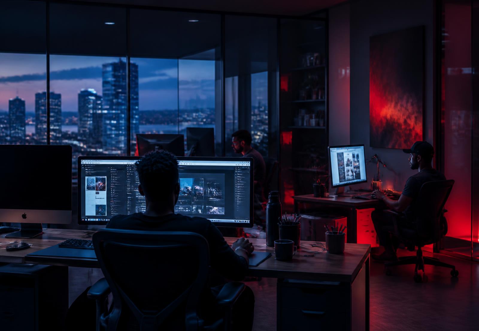 Digital designers working together in a dark creative studio