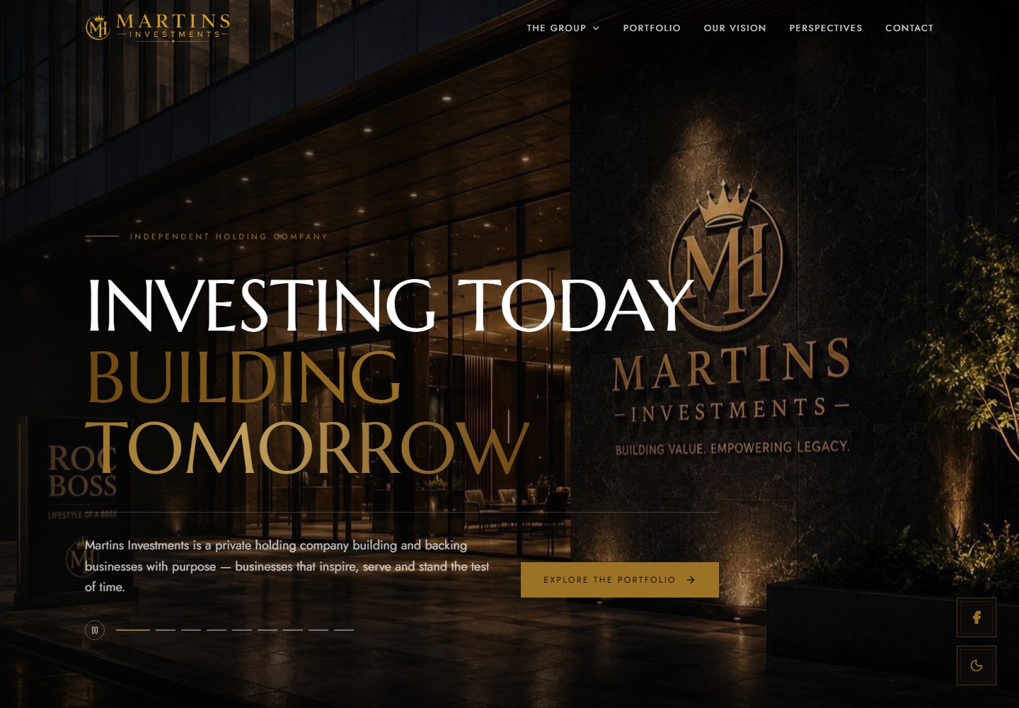 Martins Investments corporate website with a dark editorial layout and gold typography