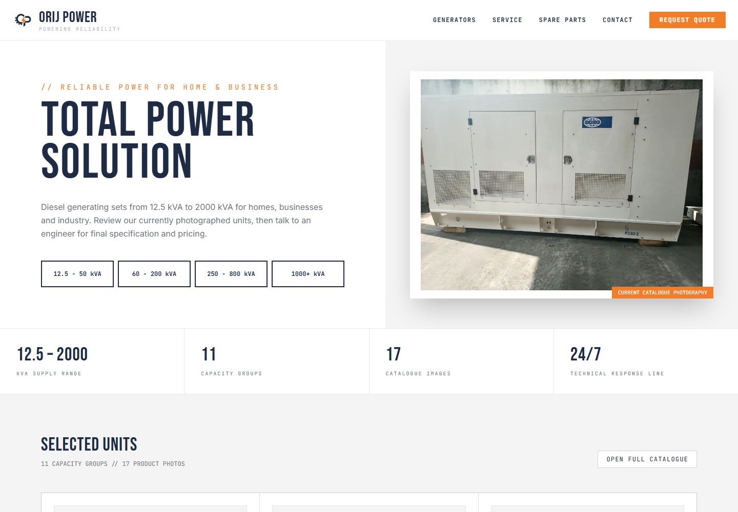 Orij Power industrial and residential generator catalogue website with capacity filters and product photography